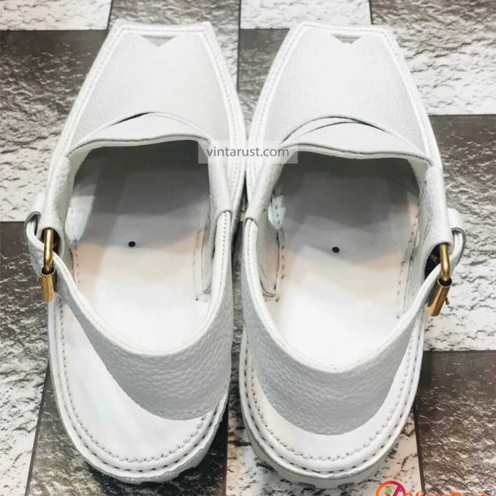 Premium White Peshawari Chappal, Handmade Pure Leather Kaptaan Chappal - Picture 3 of 6